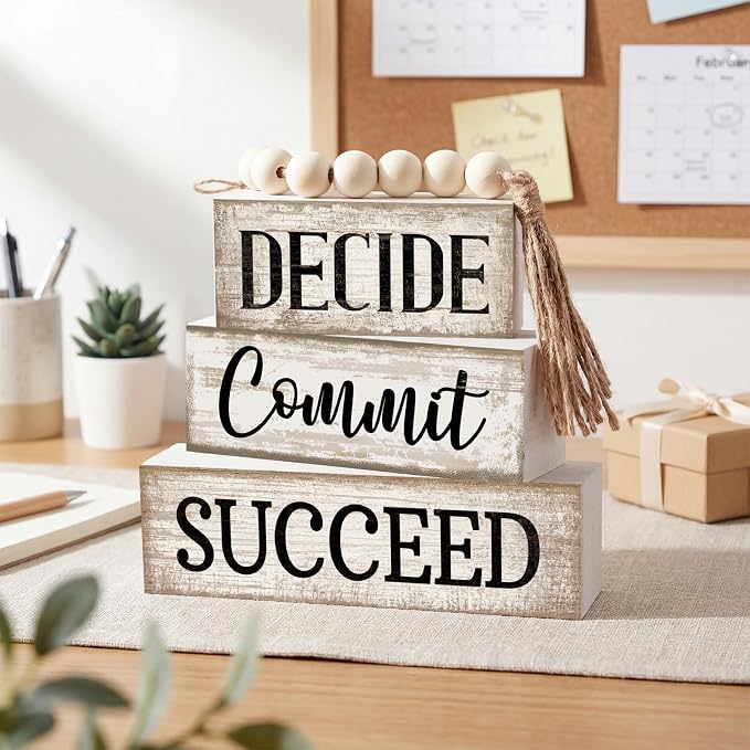 4 Pcs Inspirational Farmhouse Table Decor Rustic Motivational Wooden Stacked Block Decor,Decide Commit Succee Sign with Wood Bead Tassel, Inspirational Tiered Tray Decoration for Home - Image 2