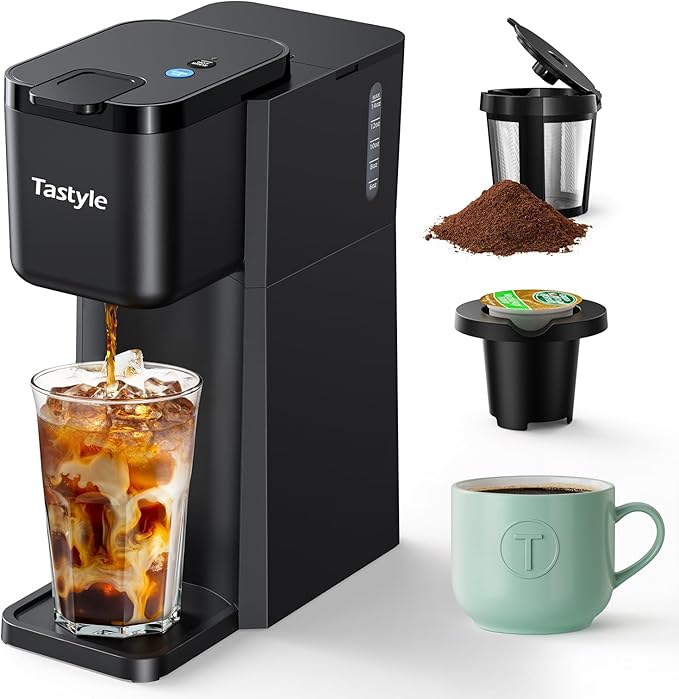 Tastyle Mini Single Serve Hot and Iced Coffee Maker for K Cup and Ground | 6 to14 Oz Brew Sizes, with Recipe Book, for Home, Travel, RV, Office and Dorm, 120V, K310IC, 2.0 version, Classic Black by Tastyle