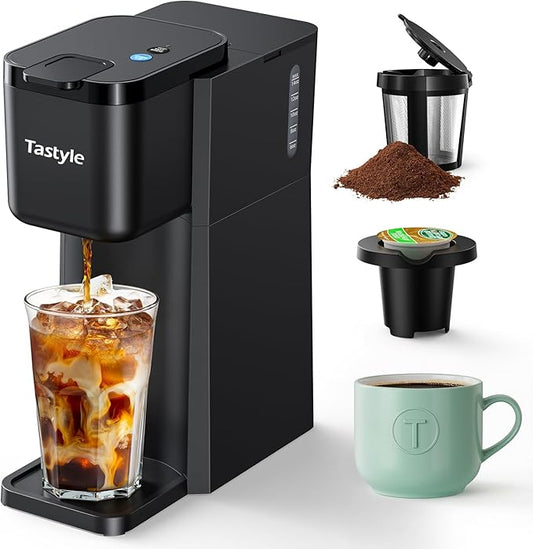Tastyle Mini Single Serve Hot and Iced Coffee Maker for K Cup and Ground | 6 to14 Oz Brew Sizes, with Recipe Book, for Home, Travel, RV, Office and Dorm, 120V, K310IC, 2.0 version, Classic Black by Tastyle