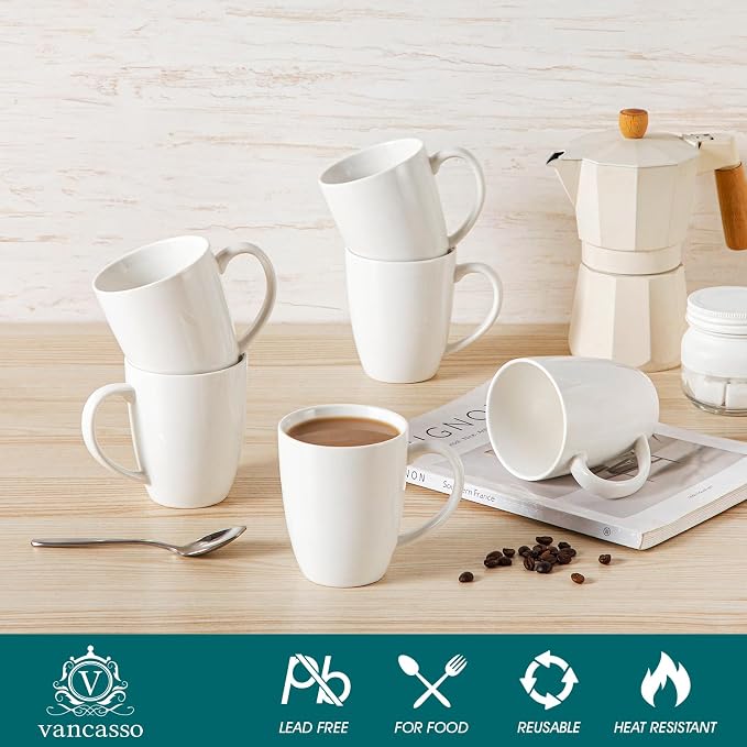 vancasso White Ceramic Coffee Mug Set of 6, 12 Oz Tea Cups with Handle for Latte, Tea, Cappuccino, Milk, Cocoa, Microwave&Dishwasher Safe - Image 3