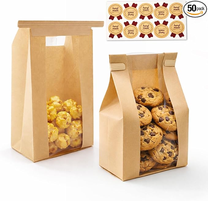 WIKDAY Paper Cookie Bags with Window 50PCS Small Treat Bread Bakery Bags | Tin Tie Tab Lock, with Thank You Seal Stickers, 3.5x2.3x7.5in, for Baked Food Packaging Storage Gift Giving Cottage Business by WIKDAY
