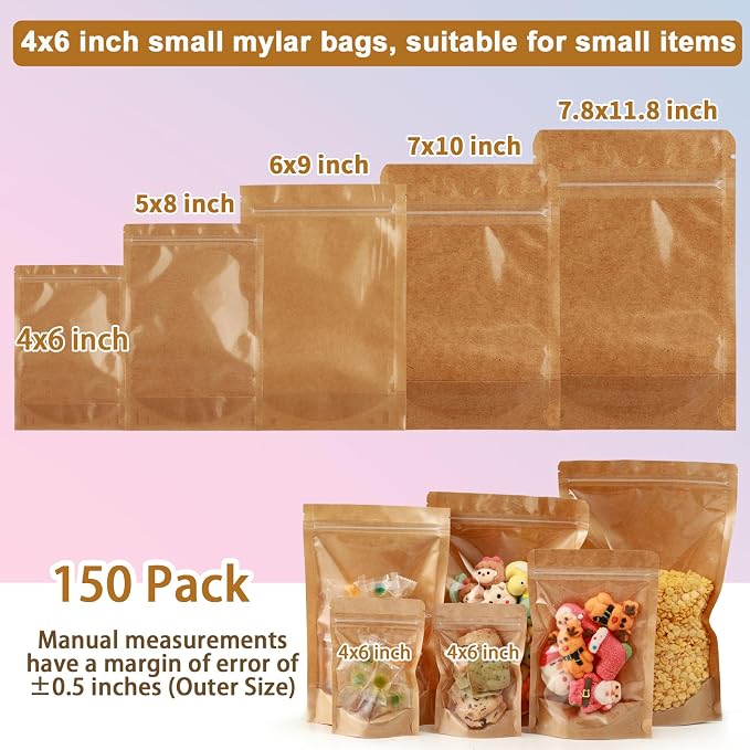 150 Pack Kraft Paper Bags with Clear Window 4x6 Reclosable Small Stand Up Mylar Bags for Food Storage Resealable Smell Proof Pouch, Edible Packaging, Reusable bags for Small Business - Image 4