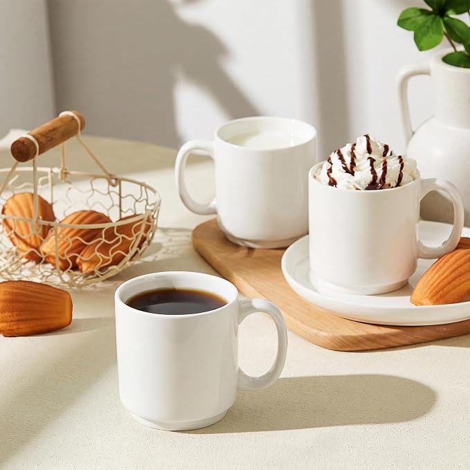 Sweese 10 Oz Stackable White Coffee Mug, Porcelain Coffee Mugs Sets of 6, Coffee Cups with Handle for Specialty Coffee Drinks, Cappuccino, Cafe Mocha, Latte and Tea, White - Image 4