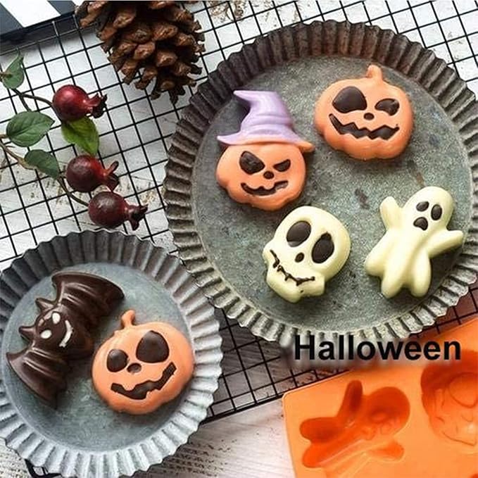 2Pcs Halloween Silicone Cake Mold，Pumpkin Bat Skull Ghost Shape Silicone Candy Chocolate Molds for DIY Cookies Soap Candy Gummy Chocolate Mold Ice Cream Tray for Kitchen DIY Baking Tools…