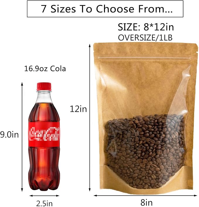50pcs Kraft Bags With Window Clear Fornt Pouches Resealable Stand Up Zip Lock Food Storage Bags Brown 8"x12" - Image 5