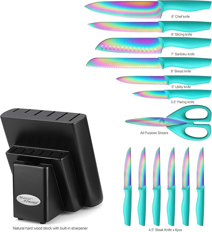 Marco Almond Knife Block Set 14PC Rainbow Kitchen Knives Set | Forged Stainless Steel,Razor Sharp,Anti-Rust,Restaurant Grade,Ergonomic Handle,Full Tang,Restaurant Grade,Gift Box - Image 2