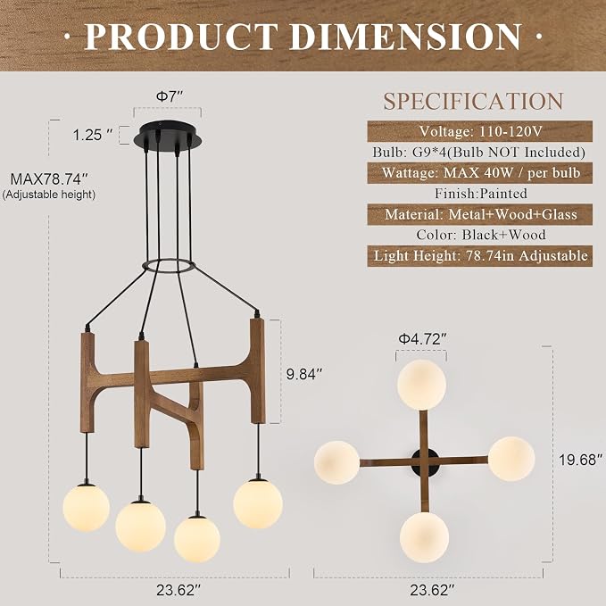 Farmhouse Wooden L24'' Chandelier Rustic Oak Wood Pendant Lights Mid Century 4-Light Milk Glass Globe Pendant Chandelier for Dining Room Kitchen Foyer Entryway Bedroom, G9 - Image 3