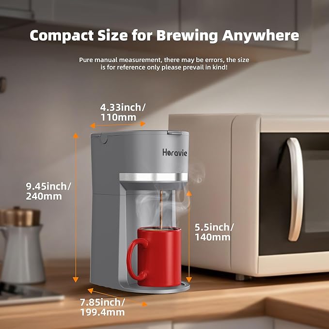 Horavie Mini Single Serve Coffee Maker for K Cup Pods and Grounds, Fast Brew One Cup Coffee Machine with Descaling Reminder and Water Window, 6 to 12 oz. Brew Sizes, Gray - Image 6