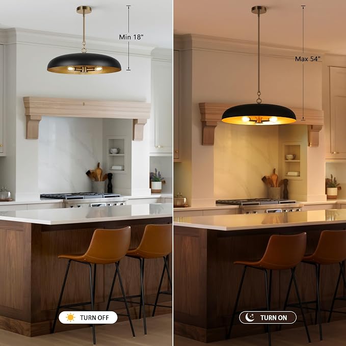 LamQee 20 Inch Oversized Large Pendant Lights, 3-Lights Black and Gold Modern Dome Chandelier, Industrial Metal Pendant Lighting Fixture Ceiling Hanging for Kitchen Island, Dining Room Over Table, Bar - Image 7
