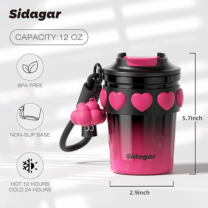 SDGA+ 12 OZ Travel Coffee Mug with Lid Spill Proof Leak Proof, Stainless Steel Thermal Coffee Tumbler for Hot and Cold, Resuable Insulated Coffee Cup For Women, Black and Pink - Image 2