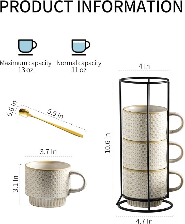 Gomakren Coffee Mugs Set of 4 Ceramic Coffee Cup with Stand, Creamy White | 13oz Stackable, Embossed Grid Mugs, Black Metal Rack, Lead-Free Dishwasher Safe, with Gold Spoons for Home Coffee Bar - Image 4