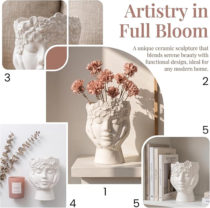White Glossy Ceramic Face Vase, 6.3" Goddess Head Sculpture Vase with 3D Floral Crown, Modern Boho Decorative Flower Vase for, Cute Home Decor Accent for Bedroom Vanity Desk Shelf - Image 5