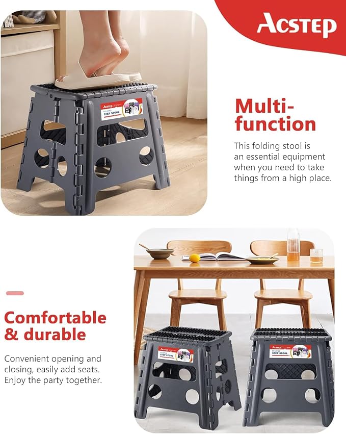 ACSTEP 13" Folding Step Stool- Holds up to 300Lb,The Lightweight Non-Slip Upgrade Collapsible Stepping Stool is Sturdy Enough to Support Adults and Safe Enough for Kids(Grey,1 Pack) | Heavy Duty Portable Collapsible Foot Stepping Stool, Holds 300 lb fo... - Image 5