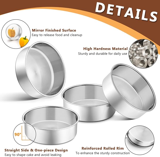 P&P CHEF 6 Inch Cake Pan Set of 4, Stainless Steel Round Cake Pans Tins | Baking Round Cake Bakeware for Birthday Wedding, Leak-proof & Mirror Finish & Easy Releasing, Dishwasher Safe - Image 3