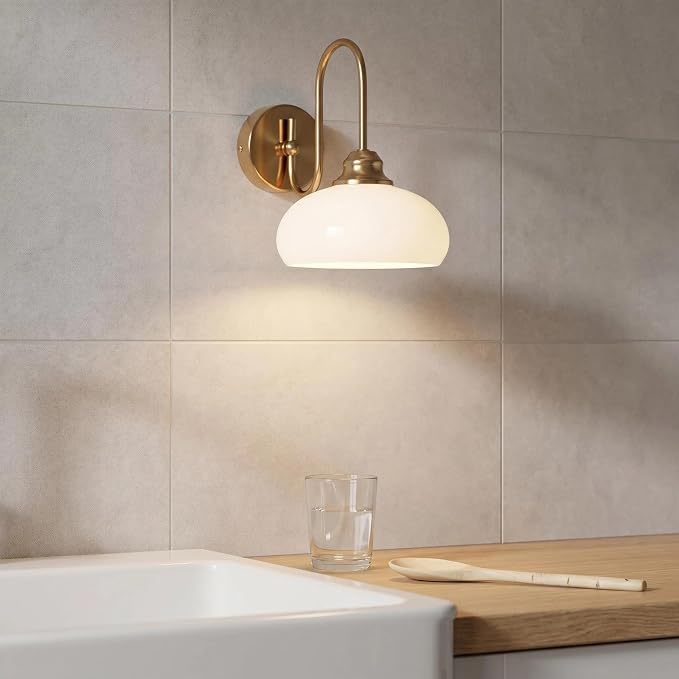 Modern Brushed Brass Wall Sconce Set of 2, 7.9" Smooth Glass Bowl Wall Lamps Hardwired 2 Pack for Bedside, Mid Century Elegant Milk White Glass Vanity Light Above Sink - Image 6