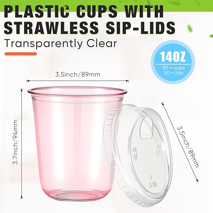 Ziliny 50 Sets Clear Plastic Coffee Cups with Sip Lids, Disposable Plastic PET Crystal Cups for Iced Coffee, Smoothie, Cold Beverage, Drink Shops and Party Catering (Clear Pink,14 oz) - Image 3