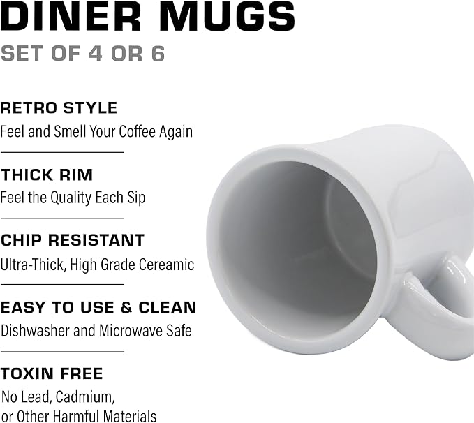 COLETTI Diner Coffee Mugs — Restaurant Coffee Mugs, Retro Coffee Mug – Sturdy & Heavy Diner Mug – Nostalgia in Every Sip [White, 11 oz, Set of 6] - Image 4