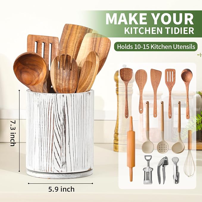 Distressed White Utensil Holder, 360° Rotating 7.3 in Kitchen Organizer | Farmhouse countertop decor. 360° rotating base holds spatulas, ladles, tongs, and cooking tools. Distressed white finish. - Image 2