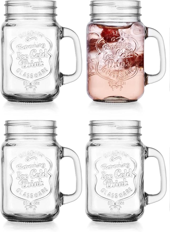 Glaver's Mason Drinking Jars – Set of 4, 15.25 Oz Clear Glass Jar with Handle and Lid. – Ice-Cold Drink Glassware Logo – Glass Mugs Ideal for Cold Beverages, Juice, Smoothie, Cocktails. - Image 7