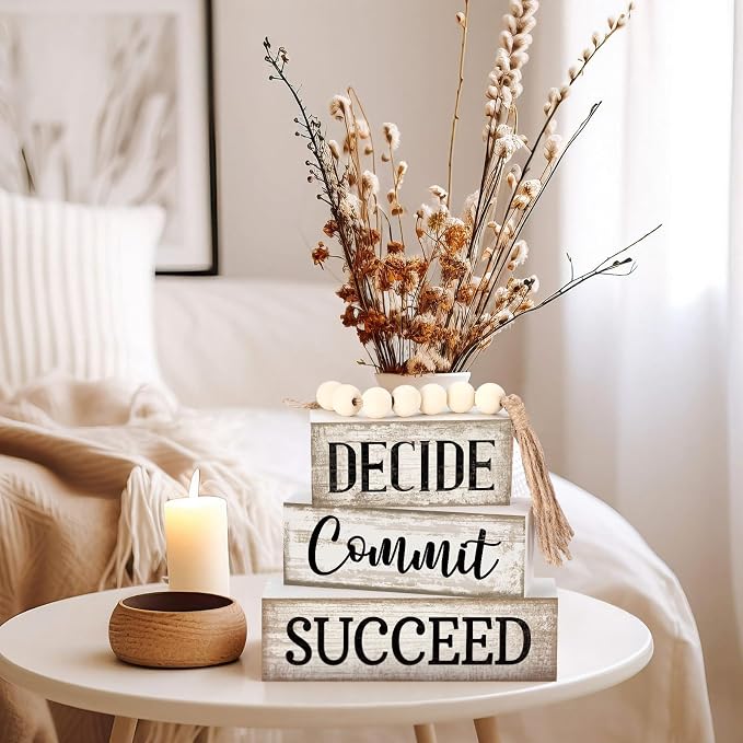 4 Pcs Inspirational Farmhouse Table Decor Rustic Motivational Wooden Stacked Block Decor,Decide Commit Succee Sign with Wood Bead Tassel, Inspirational Tiered Tray Decoration for Home - Image 7