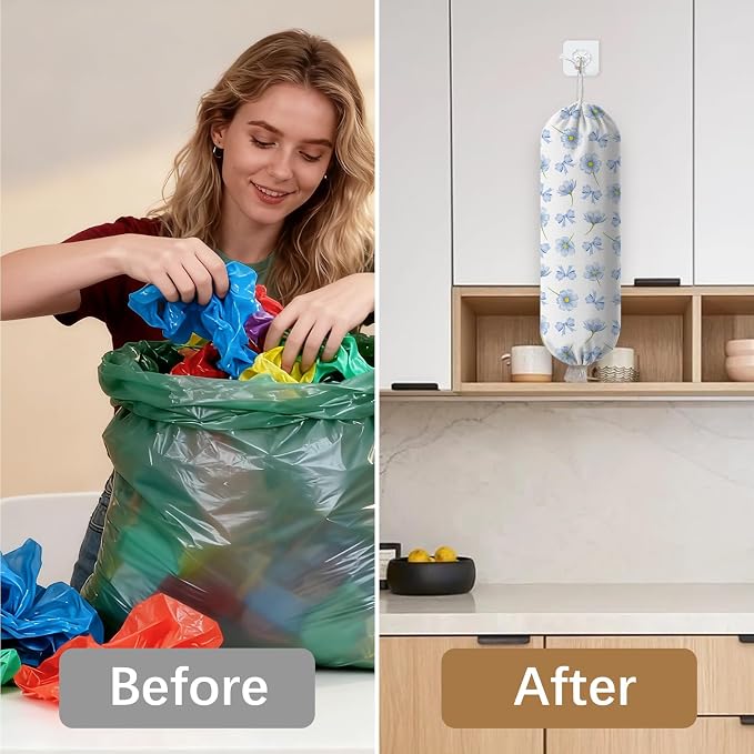 Plastic Bag Holder Dispenser, Plastic Grocery Bag Organizer & Wall Mount Paper Trash Bags Saver Storage for Kitchen Home Pantry Decor - Blue Floral Shopping Bags Storage Dispenser - Image 6