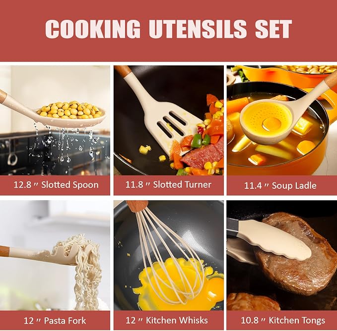 RAXCO Cooking Utensils Set,18-Piece Kitchen Utensils and Knife Set,Khiki | Food-grade Silicone Utensils Heat-resistant to 410°F,5-Piece Stainless Steel Kitchen Knife with Sharpener and Cutting Board - Image 5