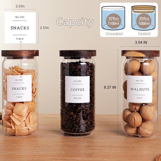 CZZGSM 3 Set Glass Pantry Storage Jars with Acacia Airtight Lid - 35oz Thicken Glass Kitchen Canisters with 132 Pantry Labels - Clear Food Storage Containers with Wood Lid for Tea,Sugar,Cookie,Pasta - Image 4
