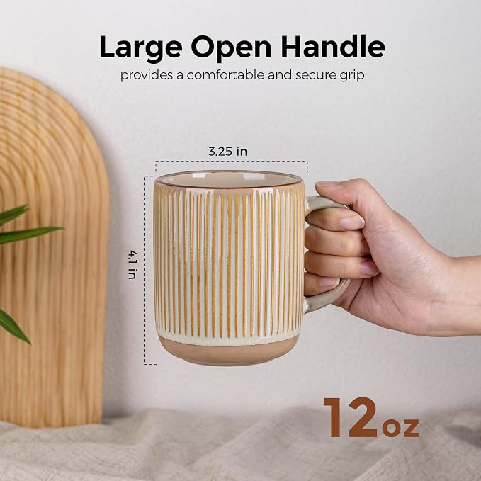 GBhome 12oz Coffee Mugs Set of 4, Handmade Stoneware Coffee Mugs Set with Large Handle for Cappuccino/Latte/Tea/Hot Cocoa, Dishwasher & Microwave Safe-Pale khaki - Image 2