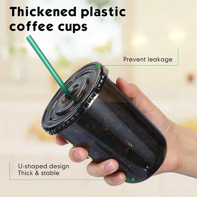 Baderke 25 Set Plastic Cups with Lids and Straws, Disposable Plastic Iced Coffee Cup for Cold Beverage Juice Smoothie Crystal for Coffee Shops Party Catering(Black,16 oz) - Image 4