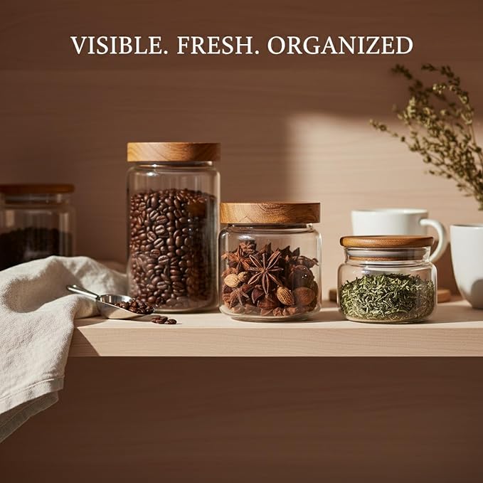 Clear Glass Storage Jars with Acacia Wood Lids for Pantry Organization - Dry Food Containers for Kitchen Countertops - Image 3