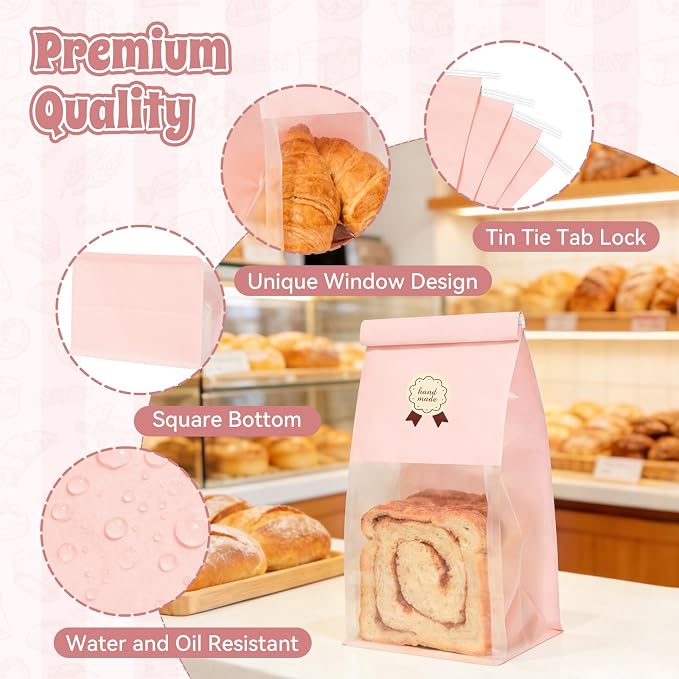 100 Bakery Bags with Window, 5.1x3.9x11 Inches Paper Bread Bags, Tin Tie Tab Lock Cookie Bags Food Storage Bag for Snacks, Popcorn, Candies, 120 pcs Stickers Included (100, Medium) - Image 3
