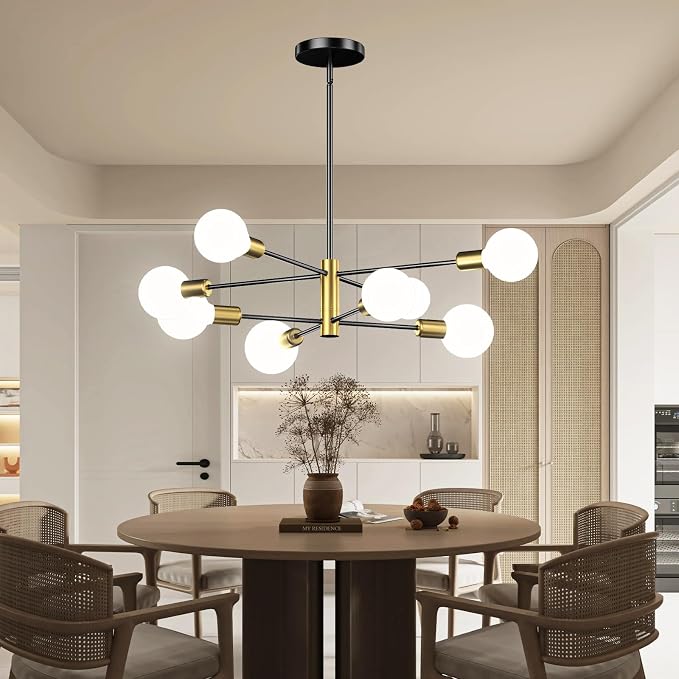 Modern Sputnik Chandelier, Ceiling Light Fixture Flush Mount 8-Light Black and Gold Chandeliers for Living Room Bedroom Dining Room Kitchen, Mid Century Chandeliers, E26 Base,(Bulbs Not Included) - Image 6