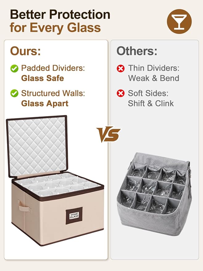 punemi Wine Glass Storage Box, 2-Pack Hard Shell Case with Padded Dividers | Hard shell support with dustproof lid and padded dividers, stackable for wine glasses, stemware and goblets, beige Set of 12 - Image 4