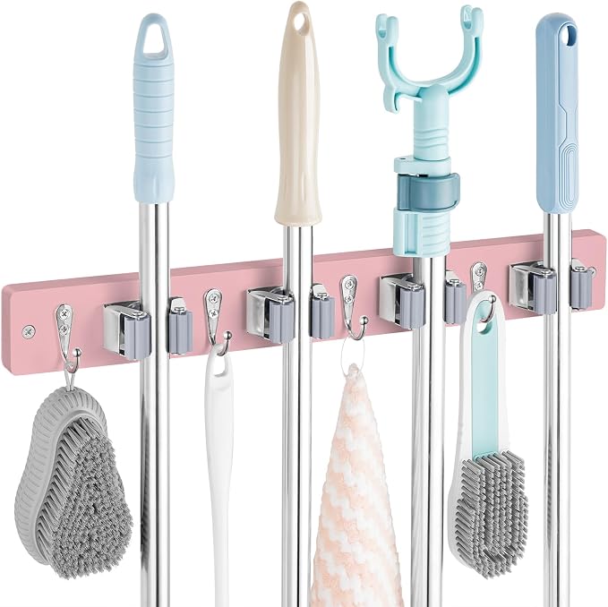 OUTNILI Pink Mop Broom Holder Wall Mount with 4 Slots & 4 Hooks - Wood Broom Mop Hanger for Pantry Closet Laundry Room Kitchen Organization - for Pink Kitchen Decor and Accessories by OUTNILI