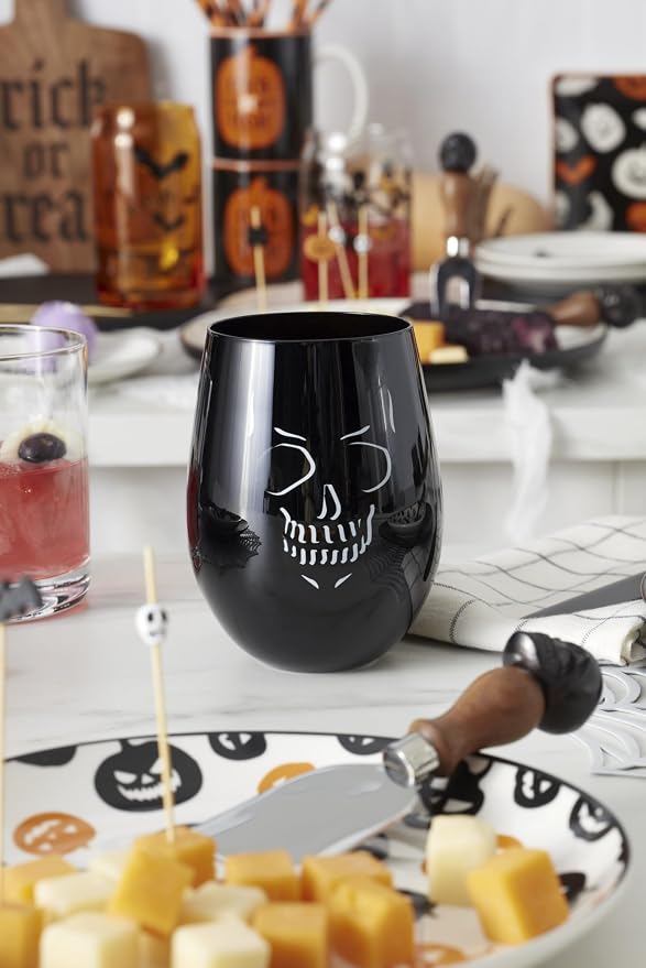 Oneida Vintro Halloween Stemless Wine Glasses, Set of 4 | dishwasher safe | skeleton and bat designs | halloween party glassware | 5 inch, 18oz, halloween kitchen decor - Image 7