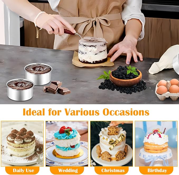 P&P CHEF 4 Inch Round Cake Pan Set of 3, Stainless Steel Baking Cake Pans | Round Baking Cake Pan Bakeware for Layer Birthday Cake, Fit Oven/Pots/Pressure Cooker, Leakproof & Dishwasher Safe, Silver - Image 4