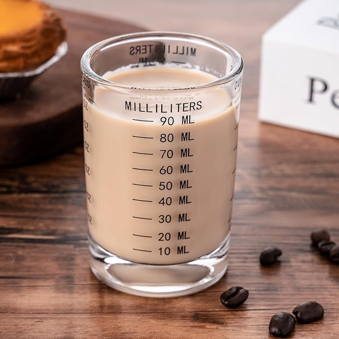 GLASKEY 2 Pack Shot Glass Measuring Cup Set,3 oz/90ML Liquid Heavy High Espresso Glass Cup,Dishwasher Safe,Measurement of Dry and Liquid Ingredients(Black)