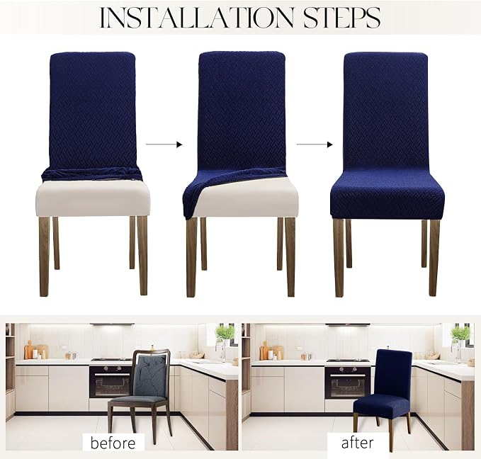 MOSAYT 100% Waterproof Dining Room Chair Covers Set of 6, Super Fit Stretch Jacquard Parson Chairs Slipcovers Removable Washable Chair Seat Protectors for Home, Kitchen, Banquet (Navy Blue) - Image 5