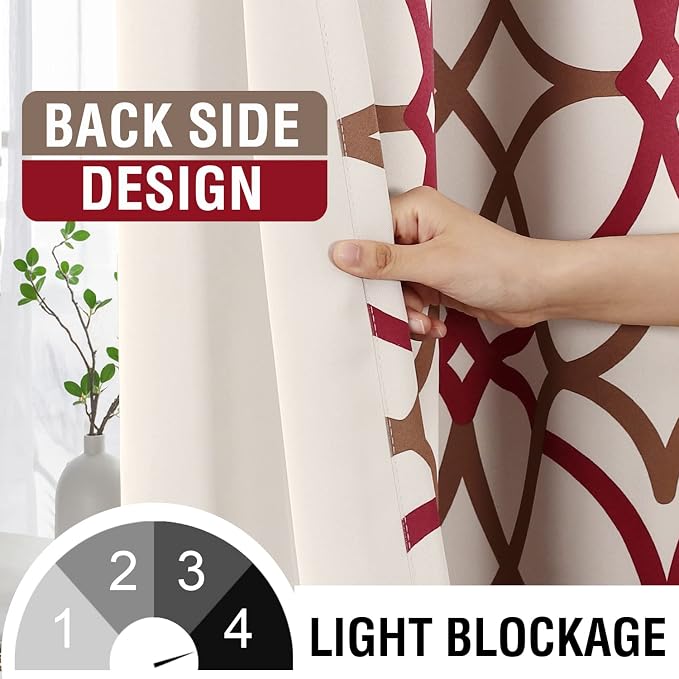 H.VERSAILTEX Blackout Curtains Printed Design 63 Inch Length 2 Panels Set Thermal Insulated Curtains for Bedroom Living Room Geometric Modern Grommet Window Drapes - Taupe and Red - Image 3
