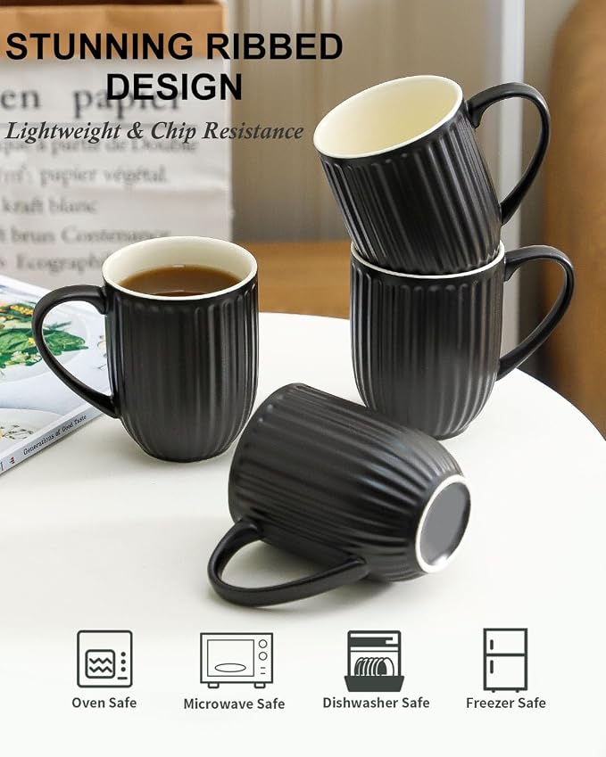 HASENSE 16oz Ceramic Coffee Mugs Set of 4, Black Ribbed Latte Cups with Large Ergonomic Handle, Modern Lightweight, Great for Coffee, Tea & Cocoa, Dishwasher & Microwave Safe - Image 5