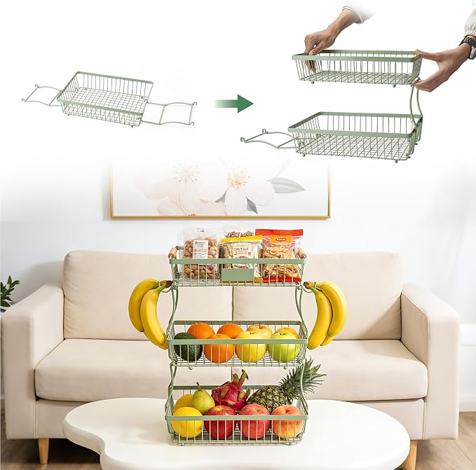 3 Tier Fruit Basket with 2 Banana Hangers, Countertop Fruit Vegetable Stand Produce Holder Organizer for Onion Potato Bread Snack Veggie Green - Image 3