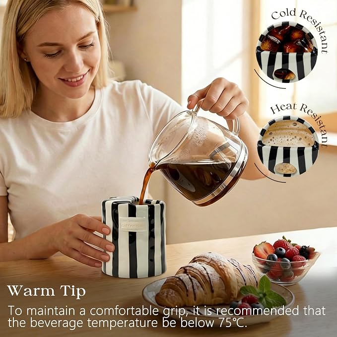 Ceramic Coffee Mug with Half Lid, 12oz To Go Coffee Mug, Handcrafted Striped Glazed Ceramic Coffee Mug with Dual Sip Lid for Hot and Cold Drinks, Black - Image 2