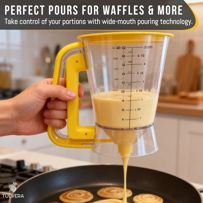 Pancake Batter Dispenser | 5-Cup Mix Pourer for Pancakes, Waffles, Crepes, Muffins, Cupcakes | Squeeze Handle, Portion Control Pitcher, Durable Drip-Free Design | Baking Accessories (Classic Yellow) - Image 5