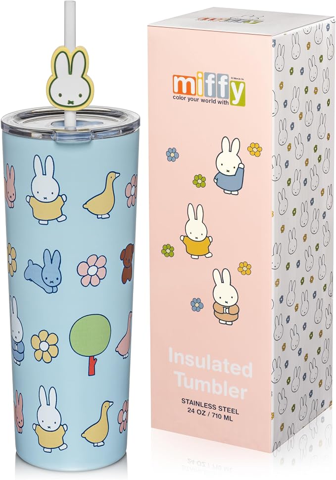Dragon Glassware | Miffy Stainless Steel Tumbler with Straw, 24 oz - Blue | Vacuum Insulated Stainless Steel Tumbler with Straw & Lid; Double Walled Tumbler with Straw Charm; Miffy Cup with Lid by DragonGlassware
