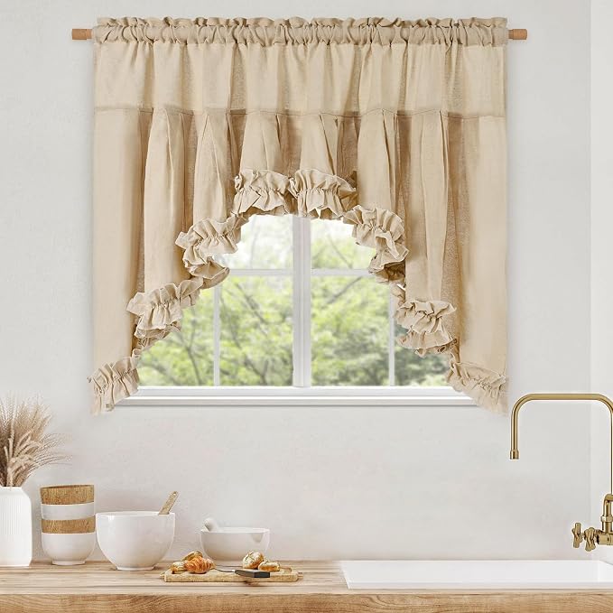Likiyol Linen Valances for Windows Farmhouse Ruffle Swag Valance Rustic Country Window Valances Light Filtering Kitchen Curtains Rod Pocket Valance Curtains for Bathroom Cafe, Linen, 60" W x 36" L - Image 2