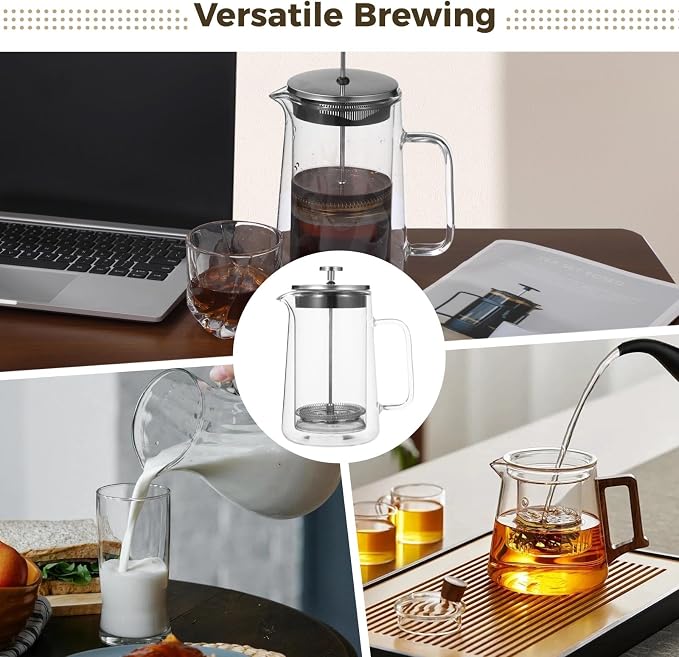 Press Coffee Maker, 1000 ml 33.8 oz Double Wall Insulated Tea Maker, High Borosilicate Glass, Fine Mesh Filter, Ergonomic Handle, Heat Safe, V Shaped Spout, For Hot and Cold Beverages - Image 2