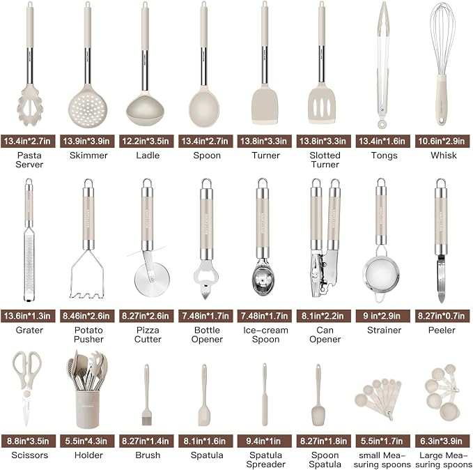 Kitchen Utensils Set-Silicone Cooking Utensils-33pcs Non-Stick Silicone Cooking Kitchen Utensils Spatula Set with Holder-Best Kitchen Cookware with Stainless Steel Handle (Khaki) - Image 2