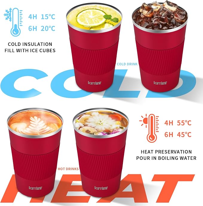 KETIEE Travel Coffee Mug Spill Proof 12oz, Insulated Travel Mug to Go, Reusable Coffee Cup with Seal Lid, Vacuum Stainless Steel Tumbler for Hot/Cold Drinks (Red) - Image 2