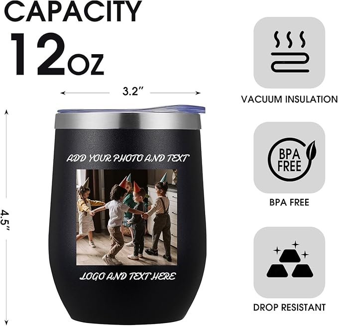 12 Pack Personalized Wine Tumbler,12oz Custom Stainless Steel Coffee Mug,Tumblers with Lids,Customizable with Picture and Names Engraving,Suitable for Woman,Men,Families and Travel