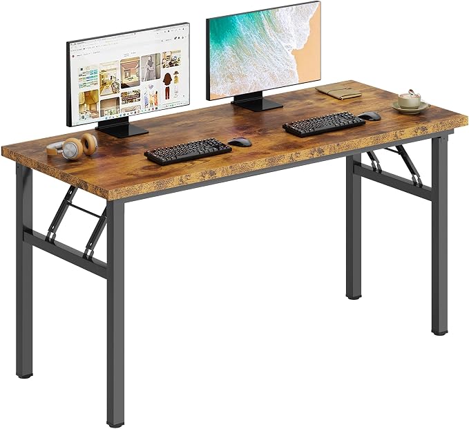 DlandHome 54.3 Inch Large Folding Computer Desk, Fully Assembled, Retro | Foldable Writing Table, Portable Activity Conference Table for Home Office, Wood Top Metal Frame, Collapsible Easy Storage by DlandHome